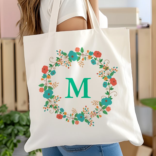 Pretty Floral Wreath Monogram Tote Bag (Creator Uploaded)