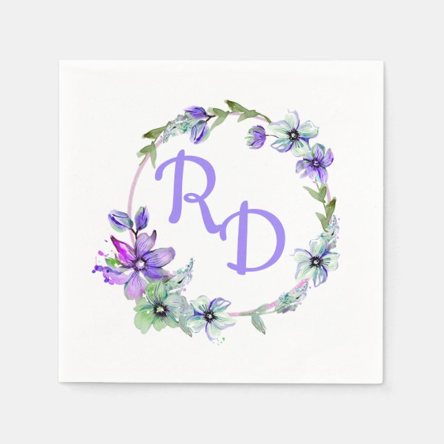 Pretty Floral Wreath Monogrammed Wedding  Napkin (Front)