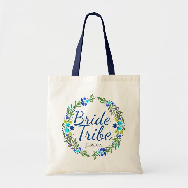 Pretty Floral Wreath Personalised Bride Tribe Tote Bag (Front)