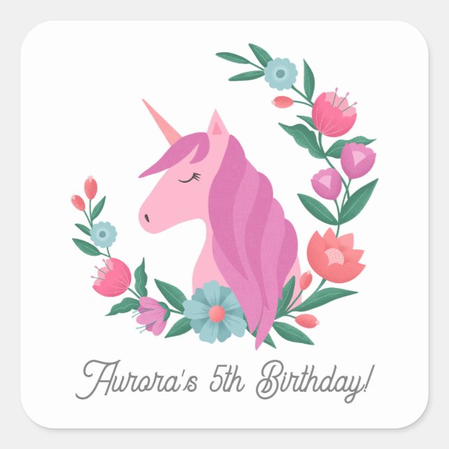 Pretty Floral Wreath Unicorn Name  Square Sticker (Front)