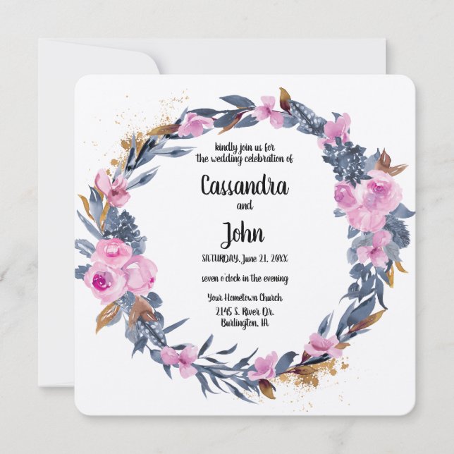 Pretty Floral Wreath Wedding Invitation (Front)