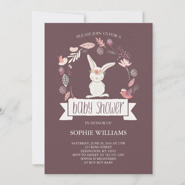 Pretty Floral Wreath with White Bunny Baby Shower Invitation (Front)