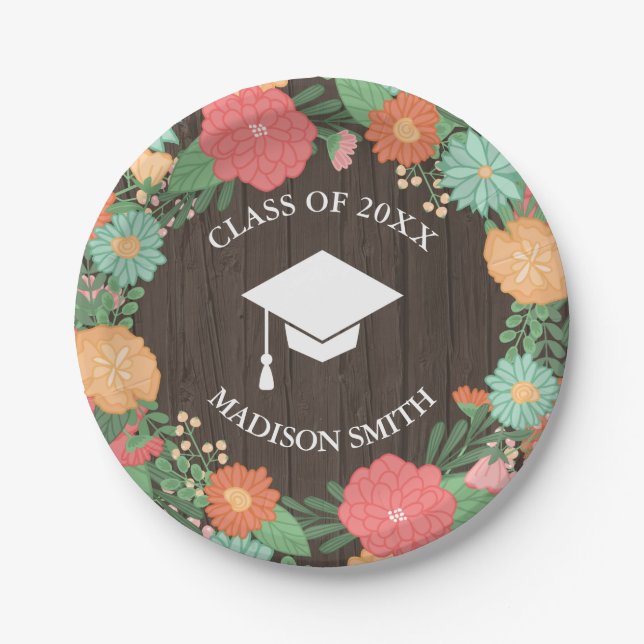 Pretty Floral Wreath & Wood Grain Graduation Paper Plate (Front)