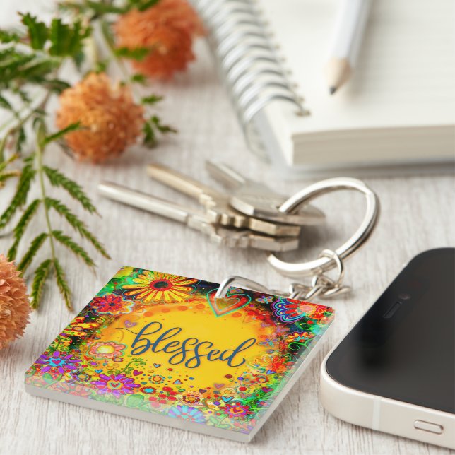 Pretty Floral Yellow Blessed Inspirivity Key Ring (Front Right)