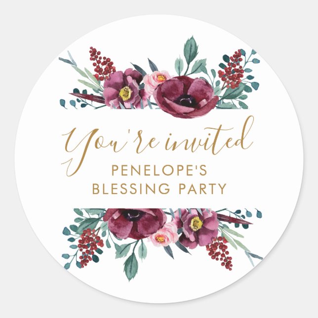Pretty Floral You're Invited Mother's Blessing  Classic Round Sticker (Front)