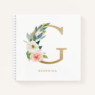 Pretty Florals Faux Gold Foil Letter G Monogram Notebook