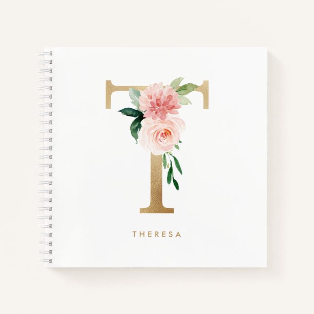 Pretty Florals Faux Gold Foil Letter T Monogram Notebook (Front)