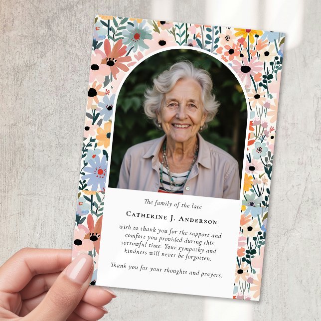 Pretty Florals Photo Sympathy Funeral Memorial Thank You Card (Creator Uploaded)