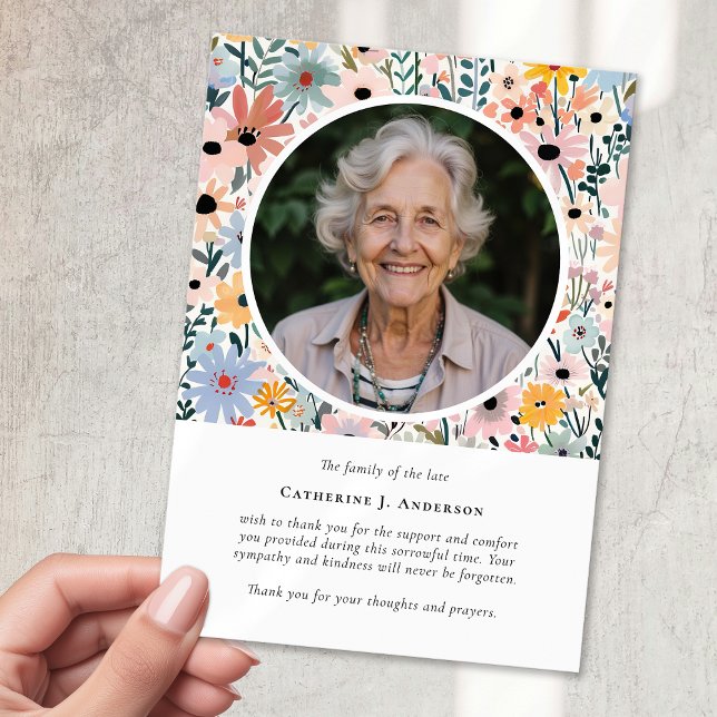 Pretty Florals Photo Sympathy Funeral Memorial Thank You Card (Creator Uploaded)