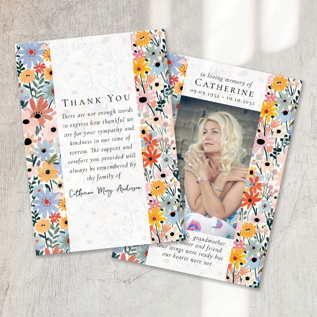 Pretty Florals Photo Sympathy Funeral Memorial Thank You Card (Creator Uploaded)