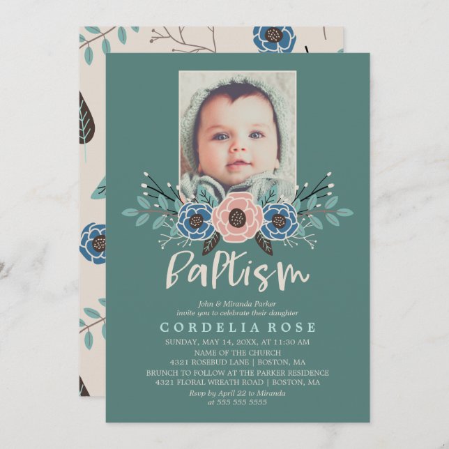 Pretty Florals | Pink & Green Baptism Photo Invitation (Front/Back)