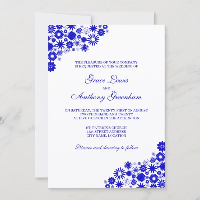 Pretty Florals Royal Blue Wedding Invitation (Front)