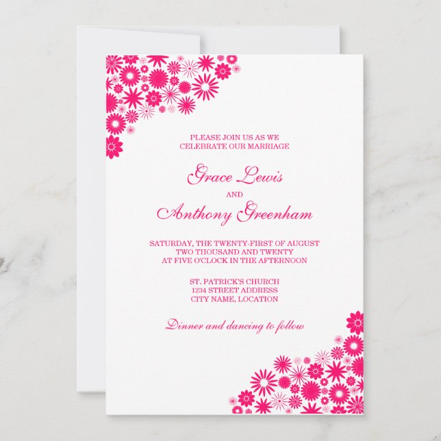 Pretty Florals Vibrant Pink Wedding Invitation (Front)