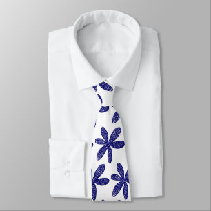 Pretty Flower - Deep Navy Blue on White Tie