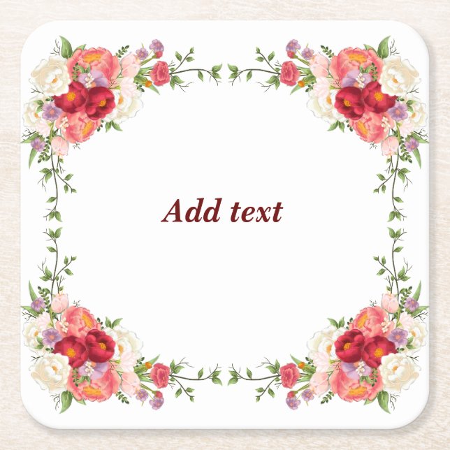 Pretty Flower Frame Template, Customisable, Square Paper Coaster (Front)