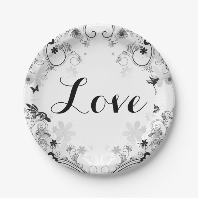 Pretty Flower Garden and Birds ~ Black, White LOVE Paper Plate (Front)