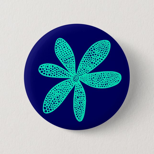 Pretty Flower -  Turquoise on Deep Navy Blue 6 Cm Round Badge (Front)