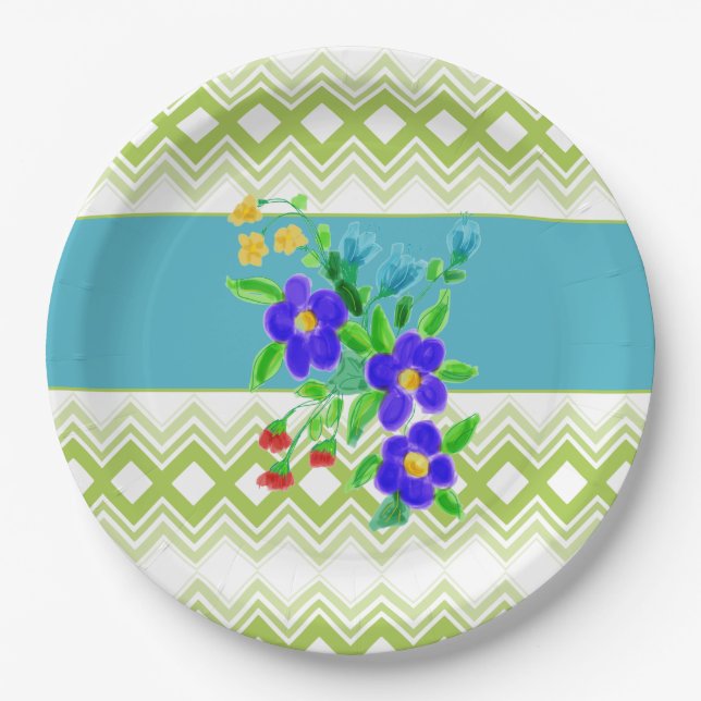Pretty Flowered Plates In Teal and Lime (Front)