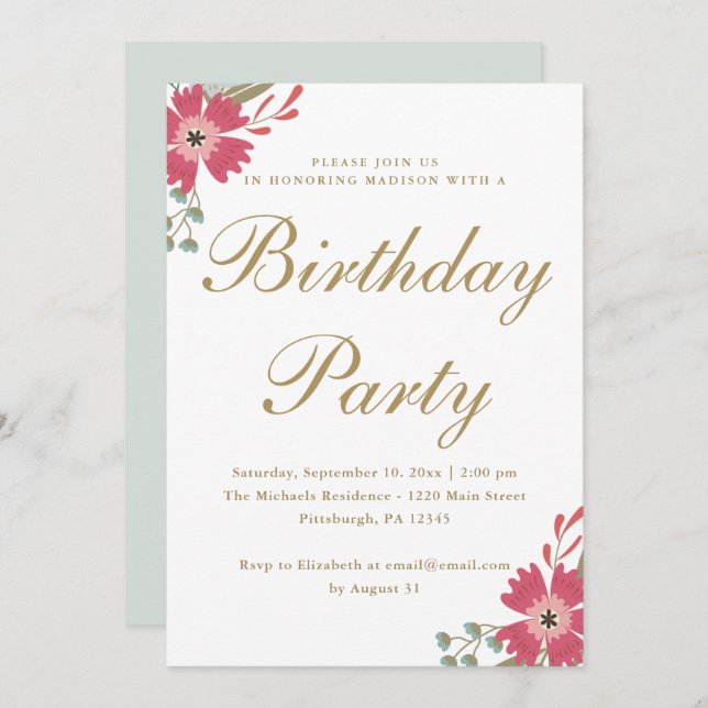 Pretty Flowers and Mint Green Birthday Party Invitation (Front/Back)