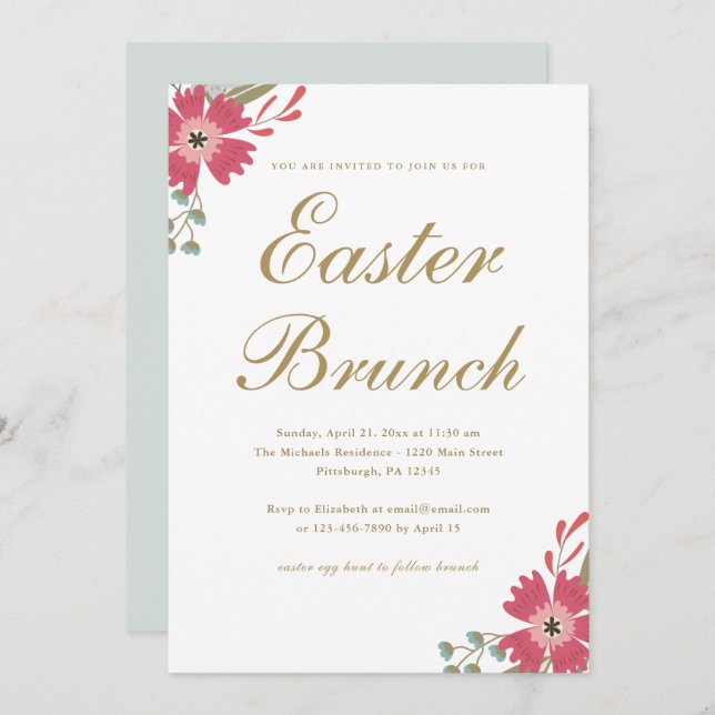 Pretty Flowers and Mint Green Easter Brunch Invitation (Front/Back)