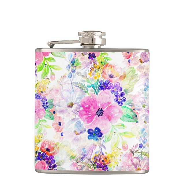 Pretty Flowers Boho Floral Watercolor Design Hip Flask (Front)