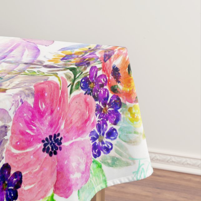Pretty Flowers Boho Floral Watercolor Design Tablecloth (In Situ)