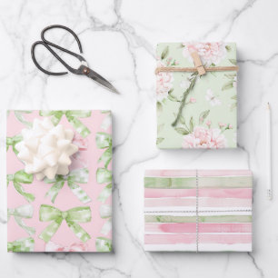 Pretty Flowers Bows Mint Pink Stripes Birthday Wrapping Paper Sheet
