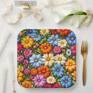Pretty Flowers, Brightly Colored, Paper Plate