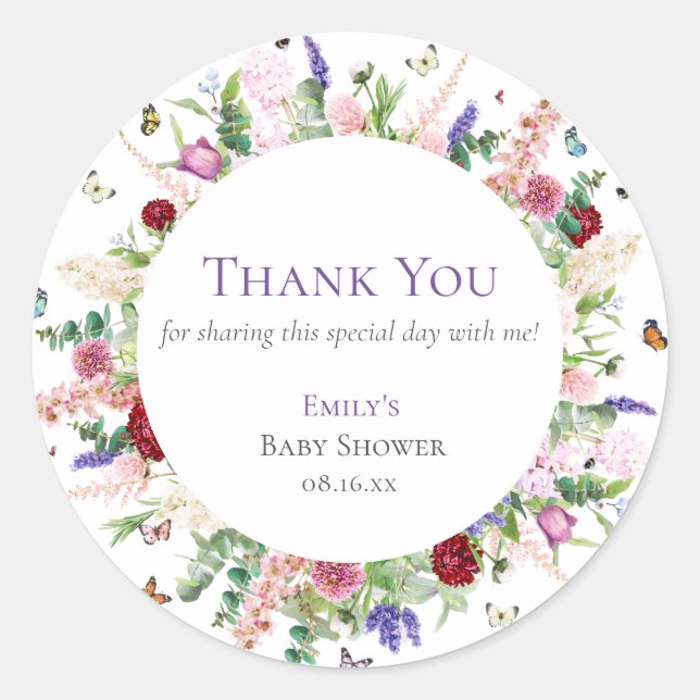 Pretty Flowers & Butterflies Thank You Baby Shower Classic Round Sticker (Front)