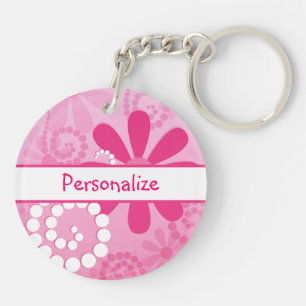 Pretty Flowers Cute Pink Retro Daisies With Name Key Ring