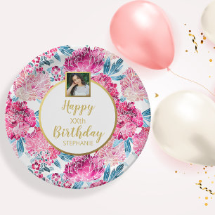 Pretty Flowers, Happy Birthday, Custom Photo Text  Paper Plate