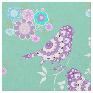 Pretty Flowers Hearts And Patterned Birds Fabric