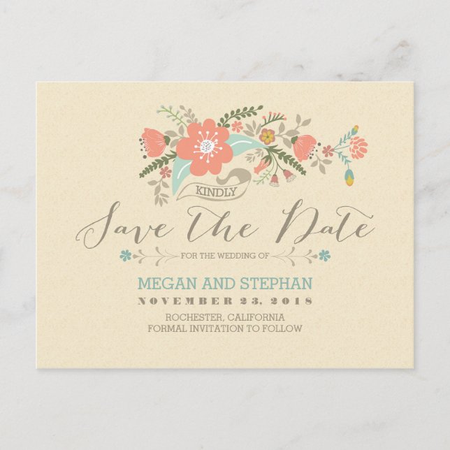 pretty flowers modern save the date postcard (Front)