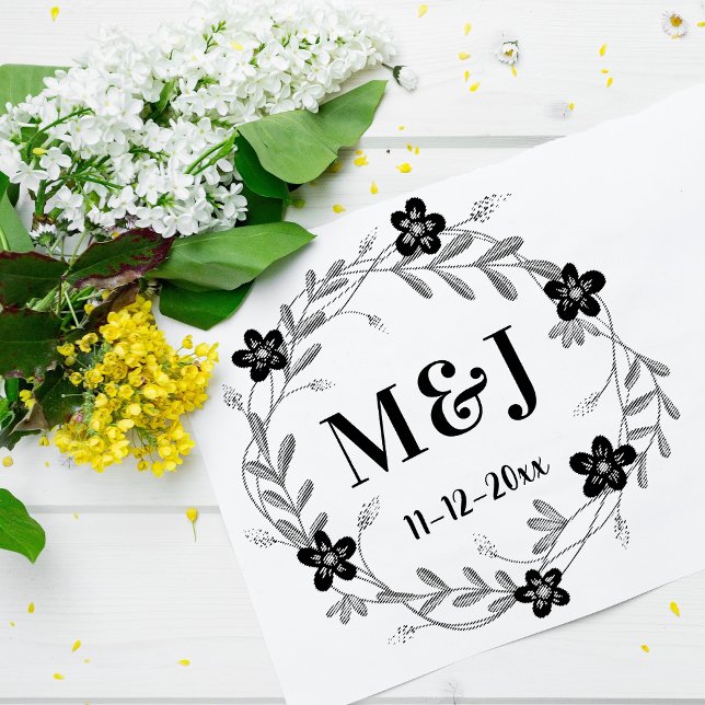 Pretty Flowers Monograms and Date Custom Wedding Rubber Stamp (Creator Uploaded)
