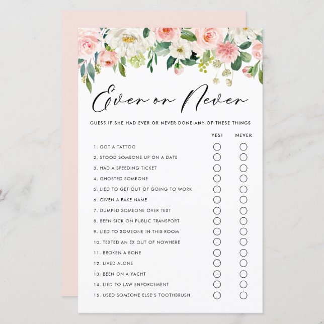 Pretty Flowers Never Have I Ever Shower Game (Front/Back)