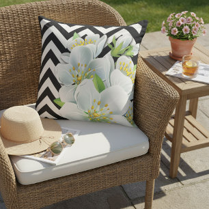 Pretty Flowers On Black And White Zigzag Pattern Cushion