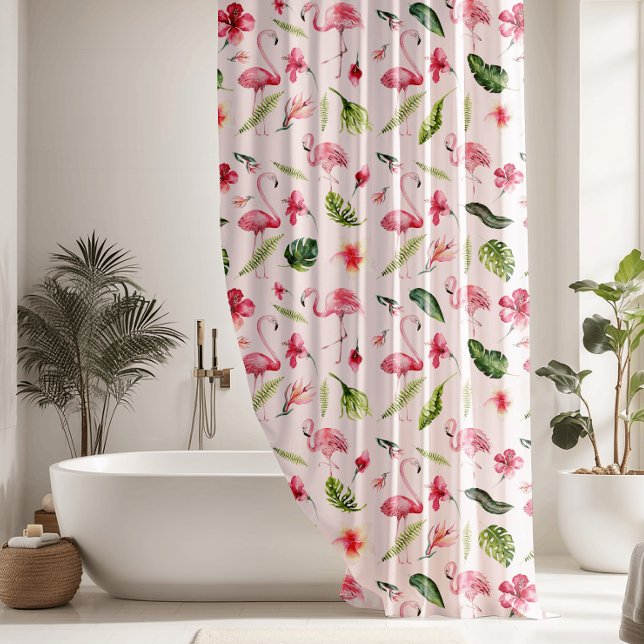 Pretty Flowers & Pink Flamingo Shower Curtain (Creator Uploaded)