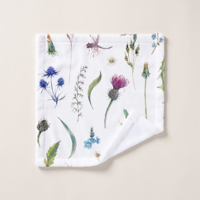Pretty Flowers Thistle Dragonfly Design Wash Cloth (Wash Cloth)