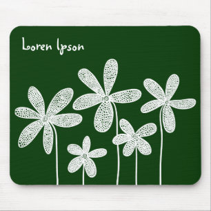 Pretty Flowers - White on Dark Green Mouse Pad