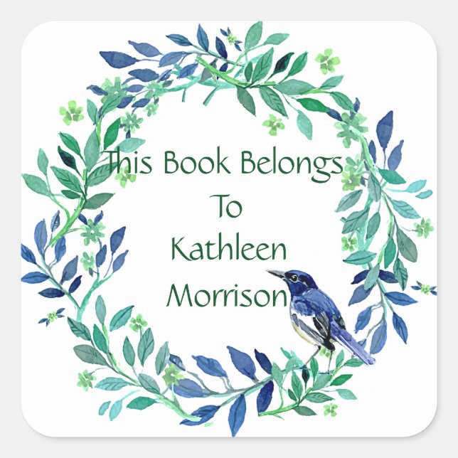 Pretty Foliage And Blue Bird Wreath Bookplate Square Sticker (Front)