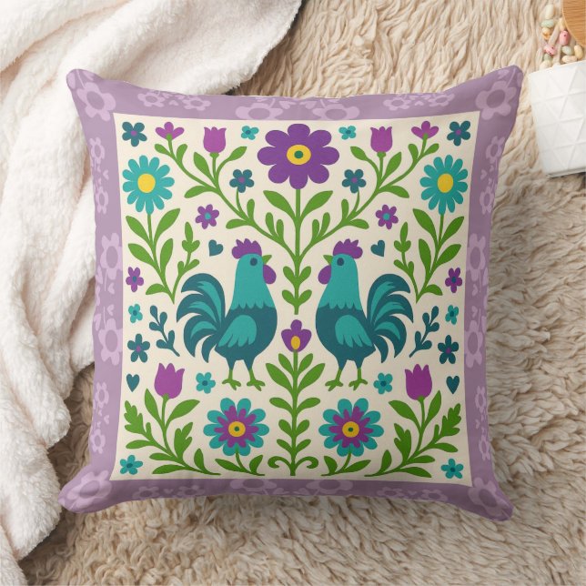 Pretty Folk Art Cockerel   Cushion (Blanket)