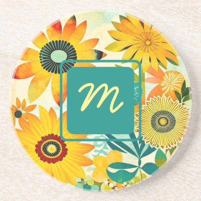 Pretty Folk Art Flowers Monogrammed Coaster (Front)