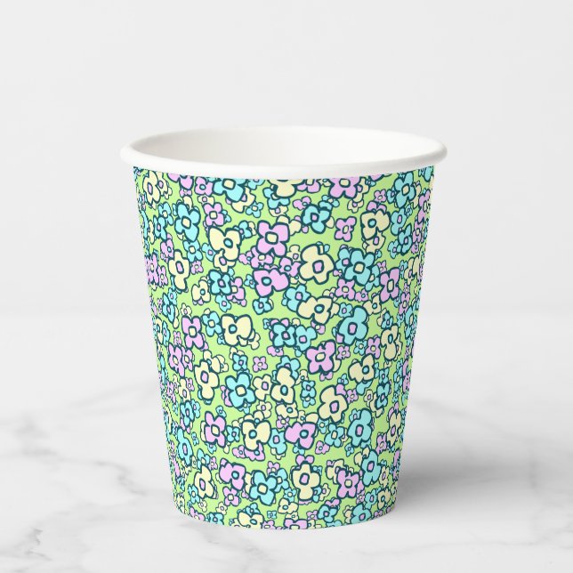 Pretty Folk Art Flowers Pastel Colours Spring Gree Paper Cups (Front)