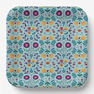 Pretty Folk Art Flowers Pattern Paper Plate