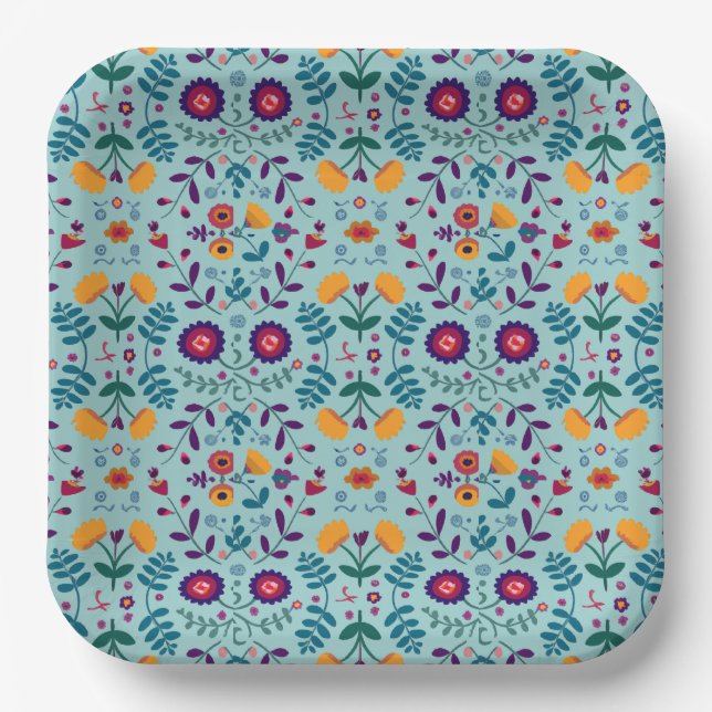 Pretty Folk Art Flowers Pattern Paper Plate (Front)