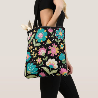 Pretty Folk Art on Black Tote Bag. Bag