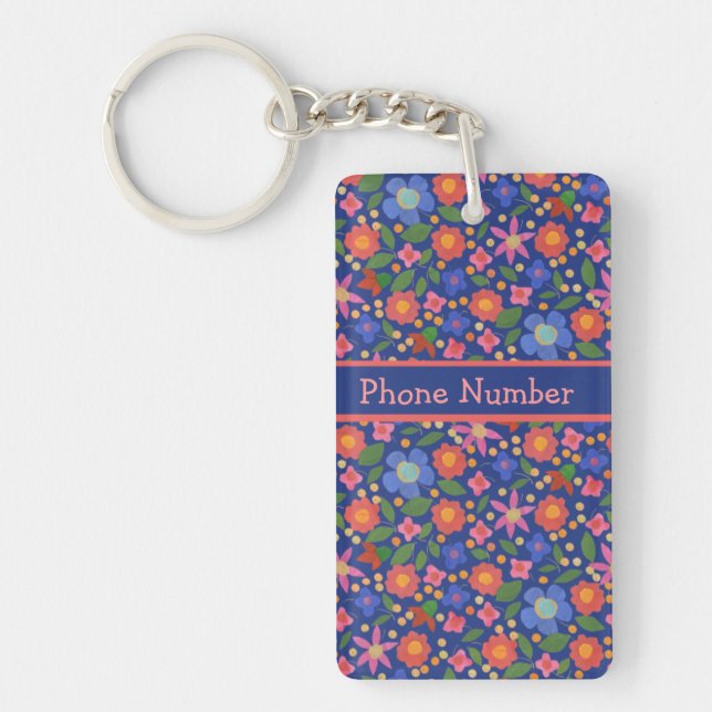 Pretty Folk Art Style Floral, Blue Oblong Keychain (Front)