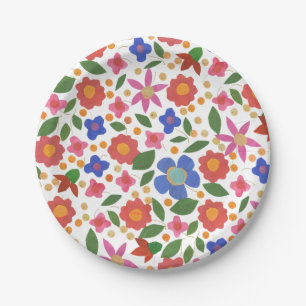 Pretty Folk Art Style Floral Miniprint Paper Plate
