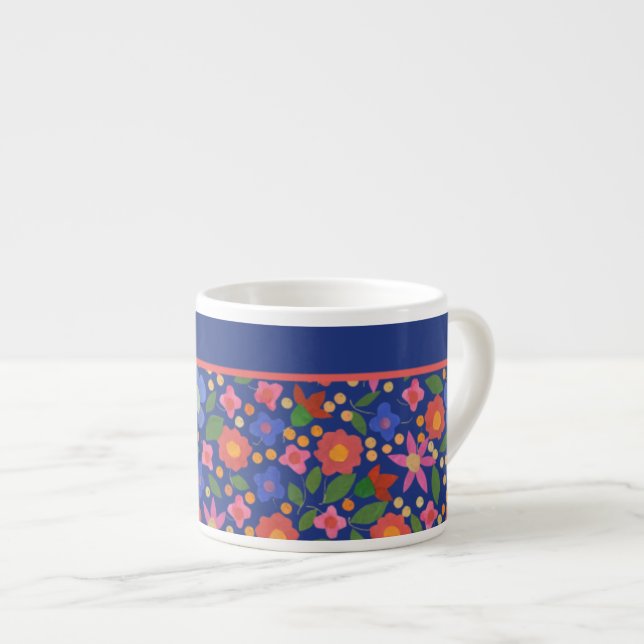 Pretty Folk Art Style Floral on Blue Espresso Mug (Front Right)