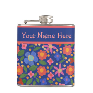 Pretty Folk Art Style Floral on Blue Hip Flask
